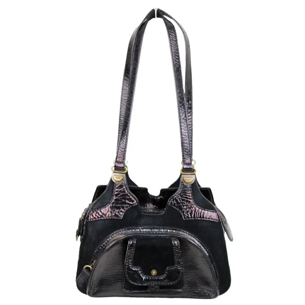 BICA CHEIA BLACK CRINKLED GENUINE LEATHER SUEDE TOTE SHOULDER BAG HANDBAG PURSE - Picture 2 of 10